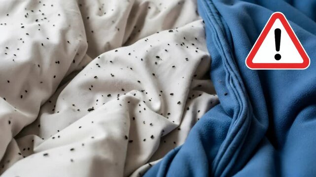 Warning sign over bed linen with black tiny insects indicating a pest infestation problem in home bedroom