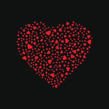 Red hearts symbol composed of small scattered hearts for romance on black background. valentine red heart shape design.