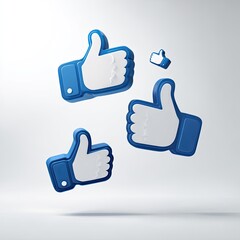 Obraz premium Floating blue and white thumbs-up icons of varying sizes on a bright background