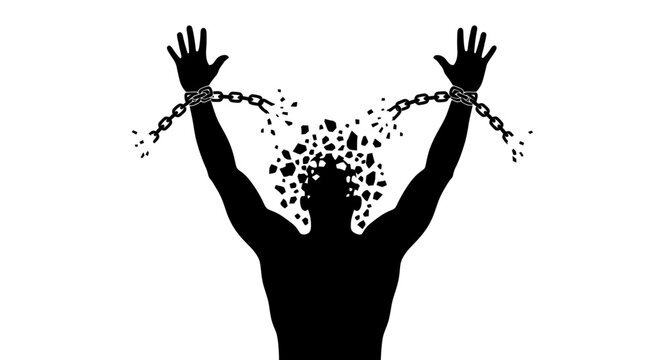 Silhouette of a person breaking free from chains with hands raised in liberation and freedom on a white background