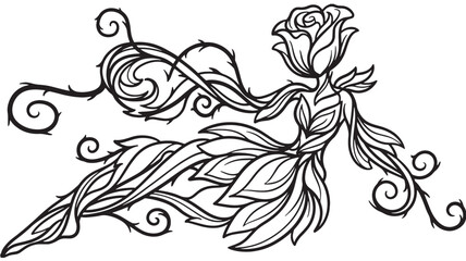 Black and White Rose Illustration with Swirling Leaves and Floral Elements Isolated on White © sohaib