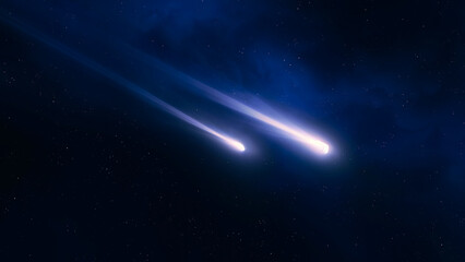 Meteorites with luminous tails. Comets light up the night sky. Fireballs on a black background. Falling stars isolated. © Nazarii
