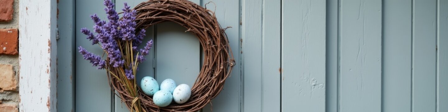 Rustic grapevine Easter wreath with blue quail eggs and lavender on weathered barn door, countryside spring charm and natural Easter decoration