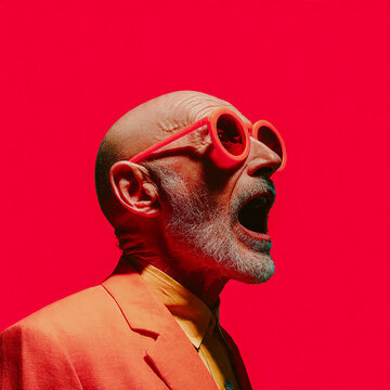 Homme avec des lunettes rouge criant avec la bouche ouverte