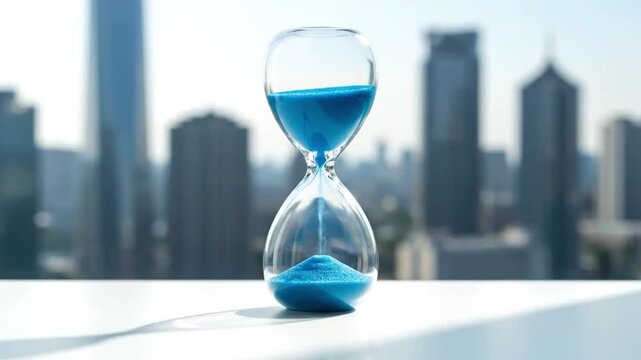 Hourglass with blue sand against a blurred cityscape background, symbolizing the passage of time and urban life