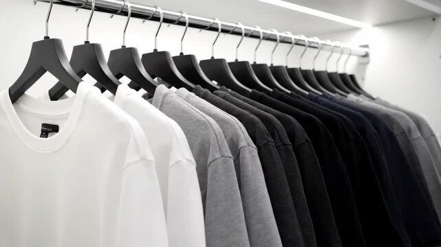 Row of basic cotton t-shirts in white, grey, and black on hangers in an illuminated closet. Minimalist capsule wardrobe concept for simple living and organized clothing storage