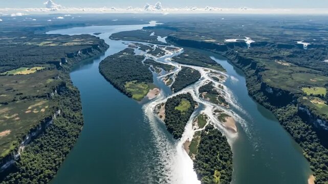 Vast Amazon River Delta with Lush Green Rainforest and Aerial View