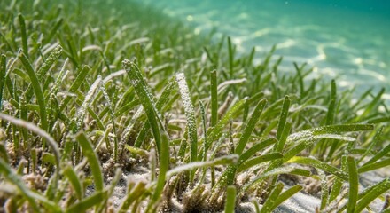 Naklejka premium Vibrant green seagrass thrives on a pristine sandy ocean floor, bathed in clear, shimmering sunlight, revealing a stunning underwater ecosystem with remarkable visual detail and natural clarity