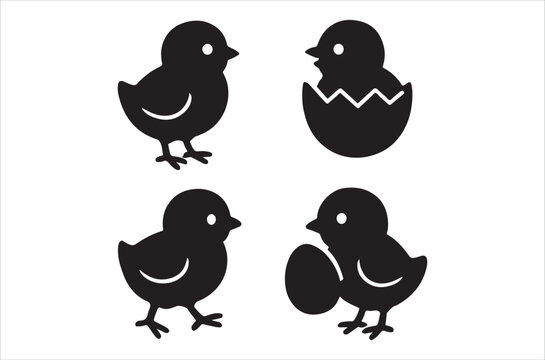 Simple black silhouette icons depicting baby chicks and a cracked eggshell showing new life