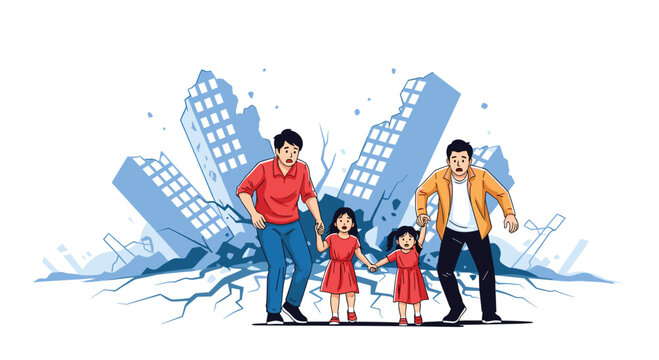 Panic and chaos as two men and children run away from collapsing city buildings during a massive earthquake natural disaster.