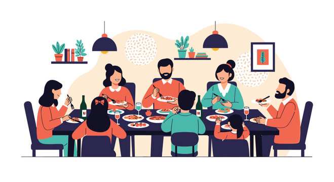 Large happy family sitting around a long dinner table sharing a healthy meal and enjoying each others company at home.