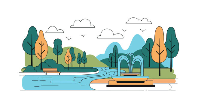 Beautiful public park scene with green trees, mountains, a flowing stream, and a decorative water fountain in the foreground.