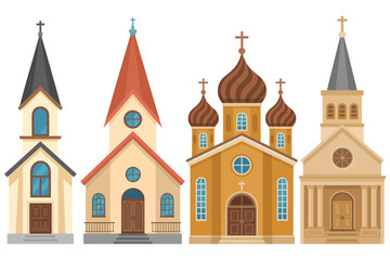 Obraz premium Traditional Church Buildings Vector Set, Flat Cartoon Illustration of Christian Chapels, Cathedrals, and Religious Architecture Icons Featuring Catholic and Orthodox Styles for Cultural and Religious 