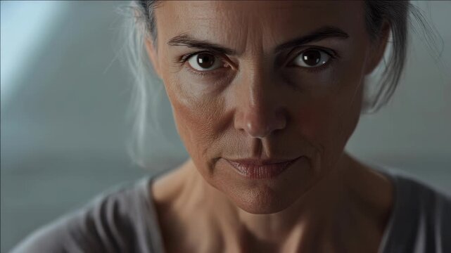 A serious woman with closed eyes, deep in thought or perhaps sorrow, with a pensive and contemplative expression.