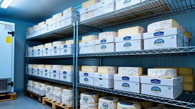 Medium shot of a compact small chiller unit with palletized cheese boxes arranged on lower racking shelves illustrating efficient use of cold storage in limited spaces.