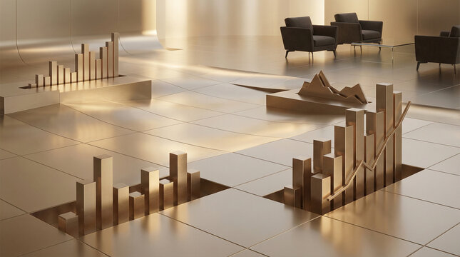 Abstract golden bar graphs and line charts emerge from polished surfaces, depicting financial progress, market analysis, and the dynamic nature of corporate success