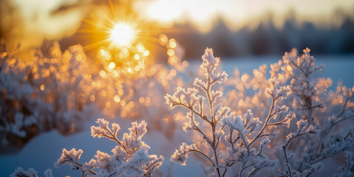 Delikatne zamarznięte gałązki ozdobione szronem lśniące w ciepłym świetle słonecznym podczas zimy