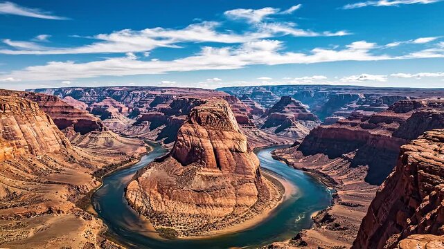 Aerial view of a horseshoe-shaped meander in a river surrounded by desert canyon landscape with blue sky and clouds