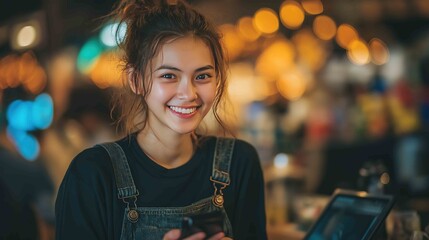 Young Asian woman in small SME coffee shop using smart POS device for contactless payment
