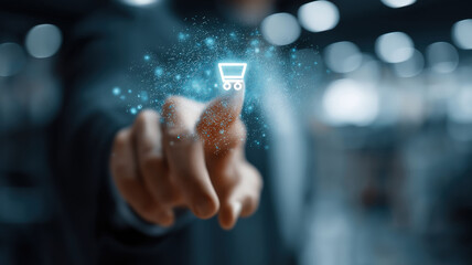 E commerce businessman interacting with hologram interface for enhanced customer experience