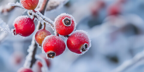 Zamarznięte czerwone owoce róży w zimowym ogrodzie pokrytym śniegiem