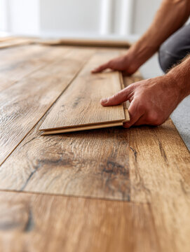 Close-up of hands carefully installing wooden flooring planks with natural grain texture for home renovation or interior design project in bright room