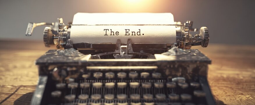 The typewriter with a paper reading The End on a worn wooden desk