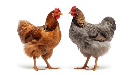 Fototapeta premium Two chickens standing side by side on a white background