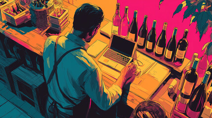 Wine store man operating laptop with bottles around and digital point of sale system in use