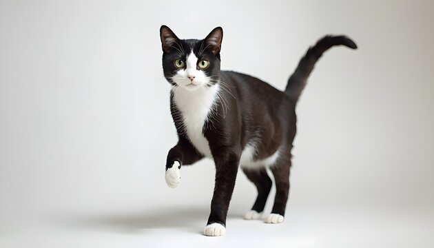 A black and white cat is walking towards the camera on a plain background