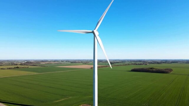 Majestic wind turbine stands tall in vast green agricultural fields under a clear blue sky, symbolizing sustainable energy and a commitment to a greener, eco-friendly future