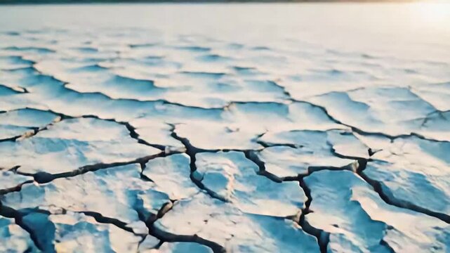 Dry cracked earth creating a textured surface, reflecting the impact of climate change with a parched, arid ground indicating dehydration from severe drought conditions