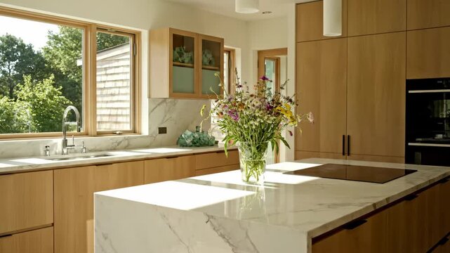 Modern kitchen interior with light wood cabinets and marble countertops. Luxury home design featuring a large island with an induction cooktop and a vase of fresh flowers