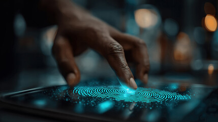 Customer using mobile banking with fingerprint or face recognition in smart retail concept