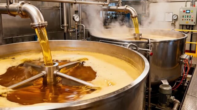 Medium shot of industrial hydrogenation process where liquid oils are transformed into solid fats through controlled heating and mixing in large vessels.