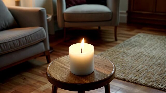 Burning candle material on indoor round table