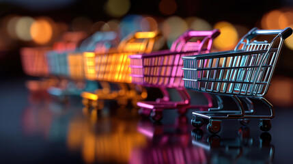 Ecommerce design with vibrant bokeh and colorful shopping cart icons for retail concept