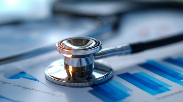 Stethoscope placed on financial documents with blue bar charts symbolizing healthcare management and medical industry analysis concept with focus on medical tool