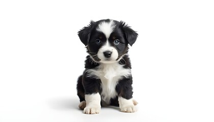 Fototapeta premium A black and white puppy sitting on a plain background looking directly at the camera