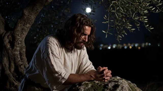Jesus christ praying in agony in the garden of gethsemane on a dark night. Biblical scene showing the son of god in deep supplication and suffering before his crucifixion