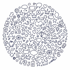 Doodle circle of assorted icons and symbols illustration.