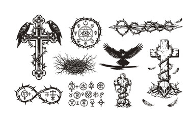 Black White Halftone Gothic Elements Set 5 Sketch Retro Photocopy Dark-Cross Thorn Raven Occult Ink Single Illustration - Gothic Elements Set