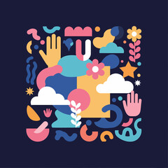 Vibrant Abstract Hands and Shapes Composition.