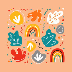 Vibrant abstract leaves and rainbow shapes design.