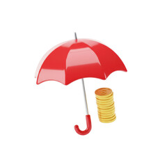 Red Umbrella Protecting a Stack of Gold Coins for Financial