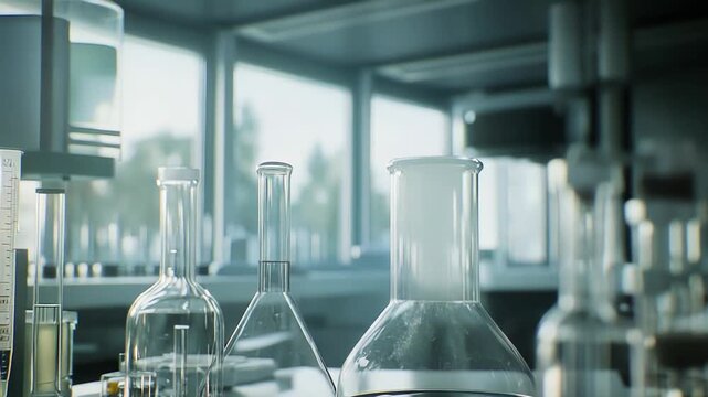 Laboratory glassware flasks and beakers with clear liquids on a reflective surface, close up for scientific research, chemical analysis and pharmaceutical development in a modern lab