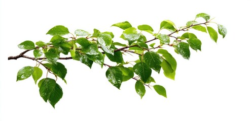 Obraz premium Branch with lush, wet green leaves, glistening against a stark white backdrop