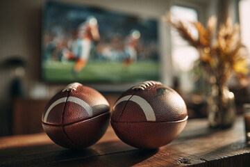 Two American Footballs On Console In Front Of Television