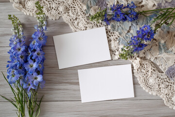 Two Blank White Postcards With Blue Wildflowers
