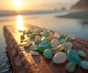Sea Glass on Wet Wood with Golden Hour Light